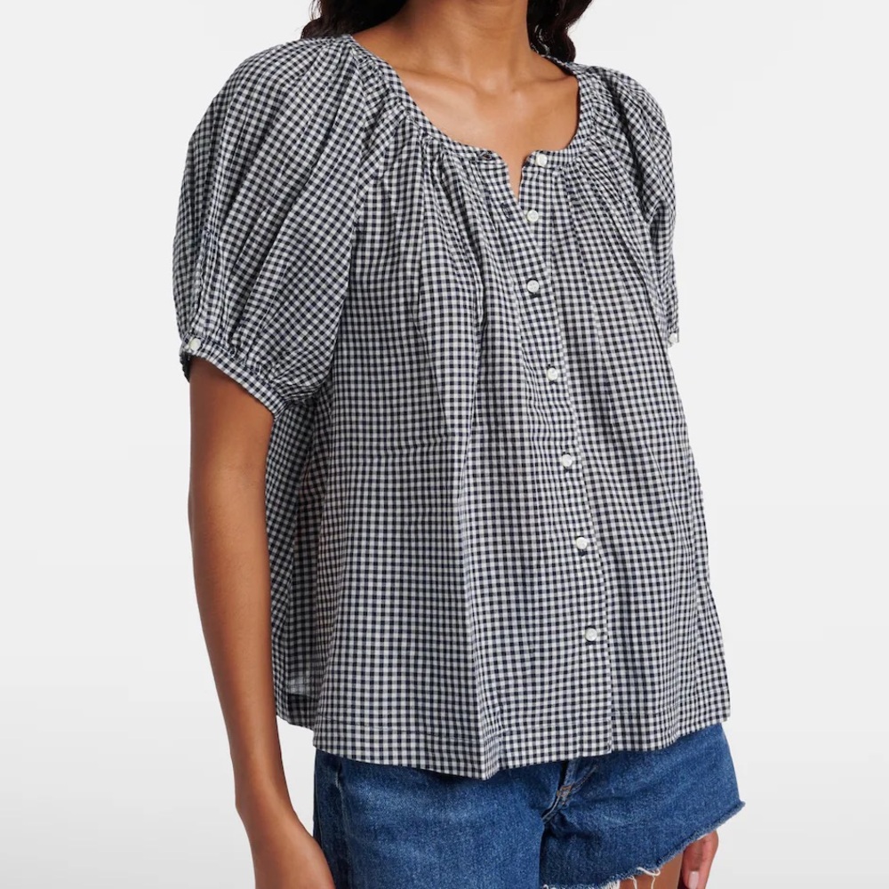 INDUSTRY BLUE GINGHAM COTTON PUFF SLEEVE JUNE BOHO TOP PREPPY COTTAGE Ivory S